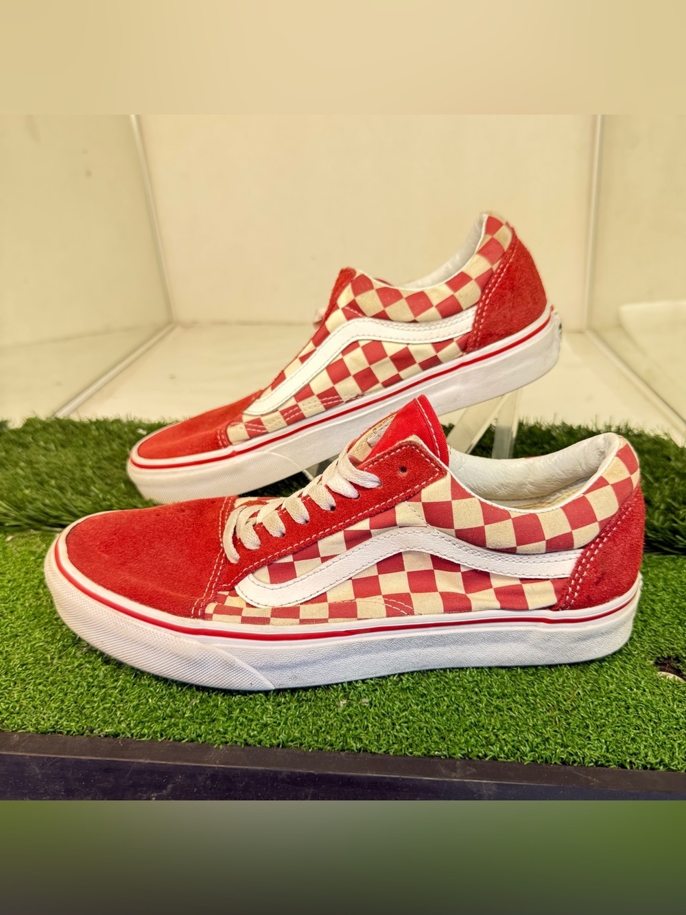 Vans Red and Cream Checkerboard Old Skool Sneakers
